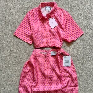 Hello Molly Pink Palm Springs Preppy Summer Cropped Skirt Set top M skirt L